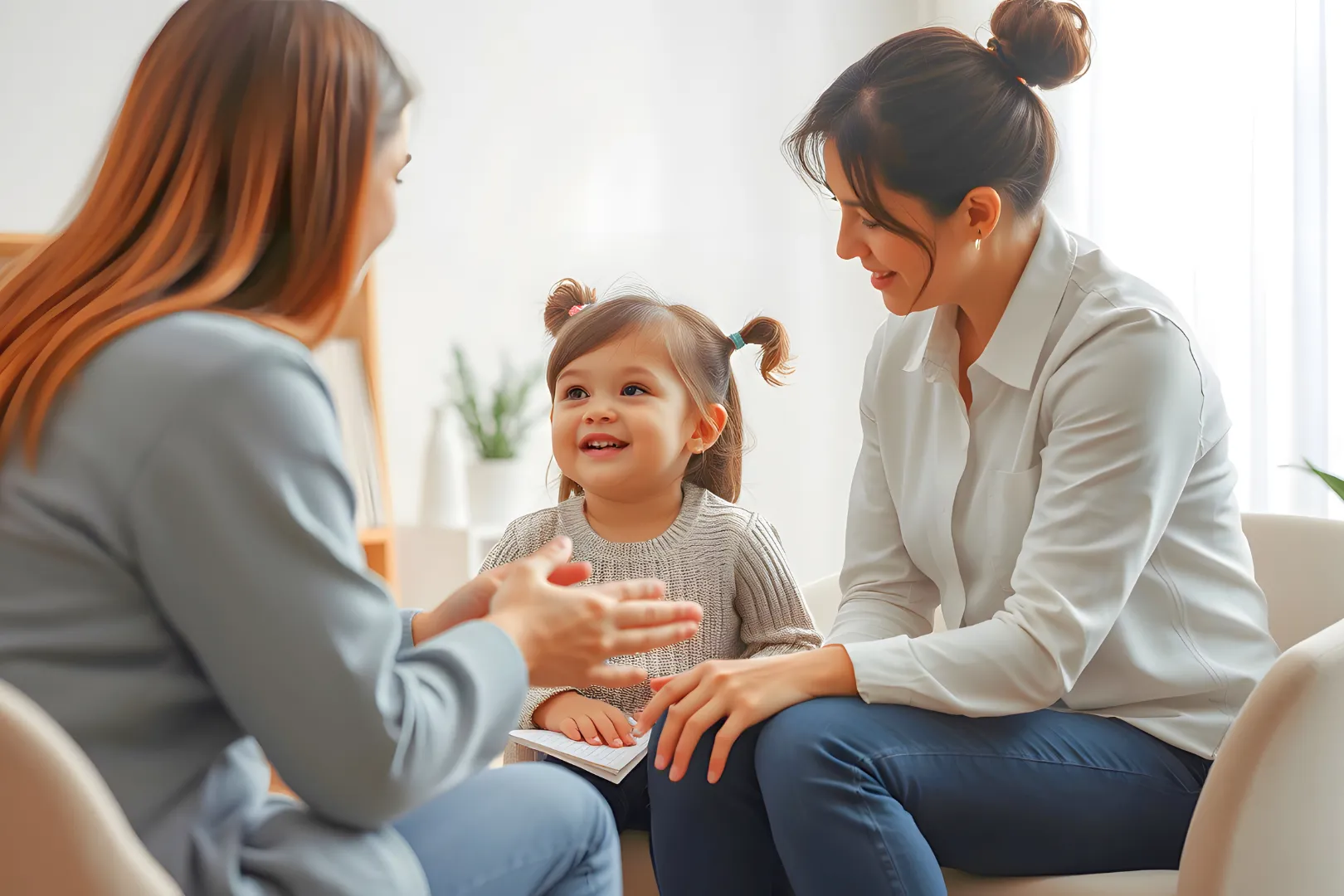A therapist from Abuse Counseling & Therapy speaks with a smiling mother and young daughter.