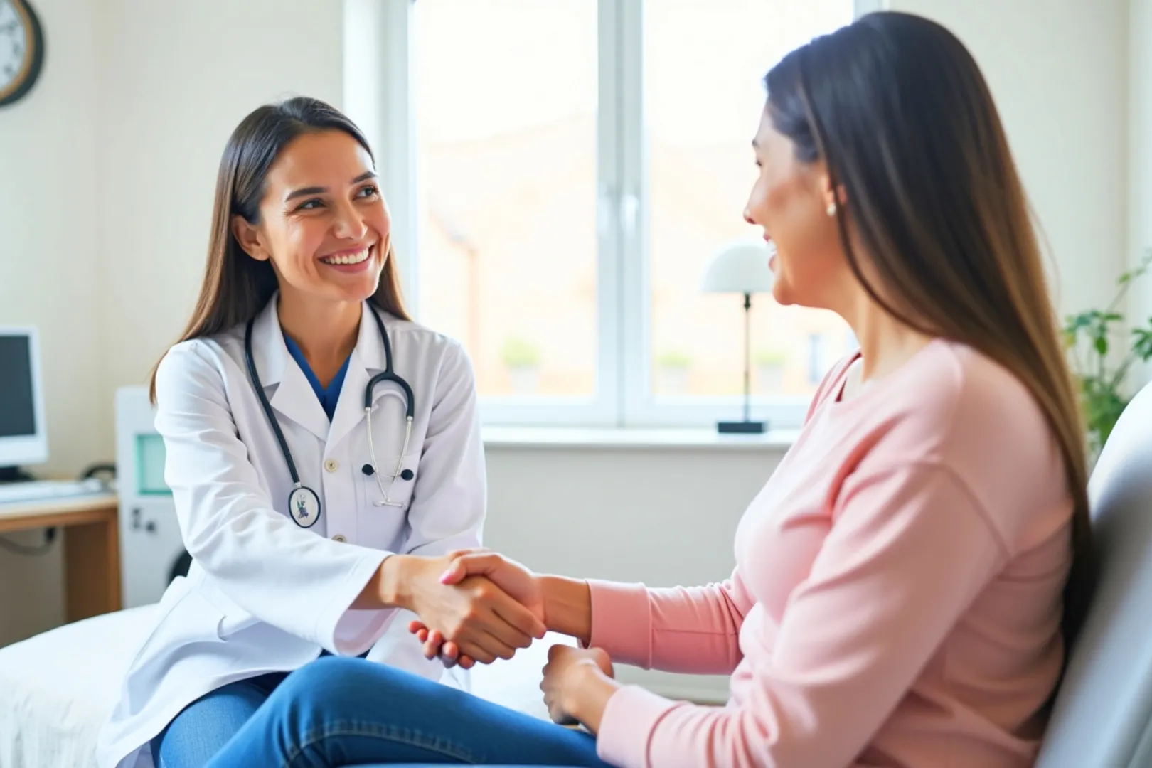 An Abuse Counseling & Therapy doctor smiles and shakes hands with a patient in a bright clinic.
