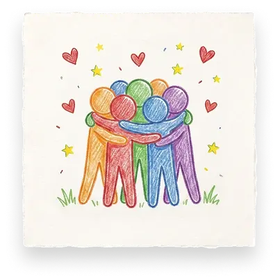 Colorful figures hugging under hearts and stars, representing support at Abuse Counseling & Therapy.