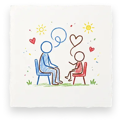 Abuse Counseling & Therapy drawing of a therapist and child talking with heart and loop speech bubbles.