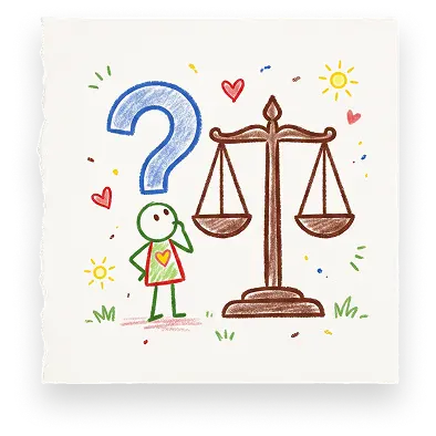 A drawing for Abuse Counseling & Therapy shows a person with a question mark looking at the scales of justice.