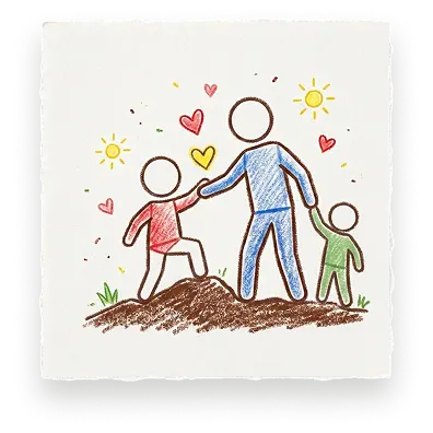 A drawing of an adult helping children climb a hill, symbolizing support from Abuse Counseling & Therapy.