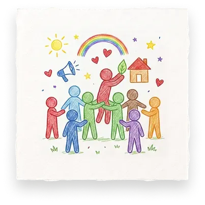 A supportive community lifts a person up under a rainbow in this Abuse Counseling & Therapy illustration.