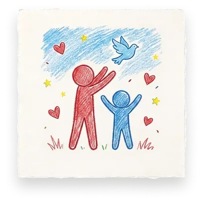 Crayon drawing of two figures reaching for a flying dove, representing hope at Abuse Counseling & Therapy.