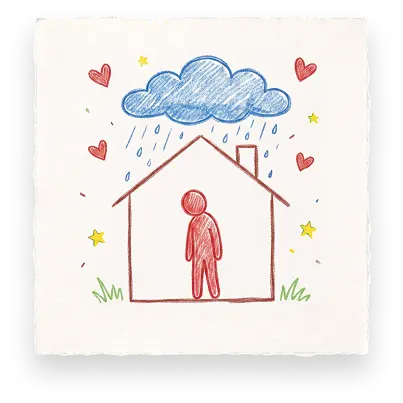A sad person stands inside a house under a rain cloud in this Abuse Counseling & Therapy illustration.
