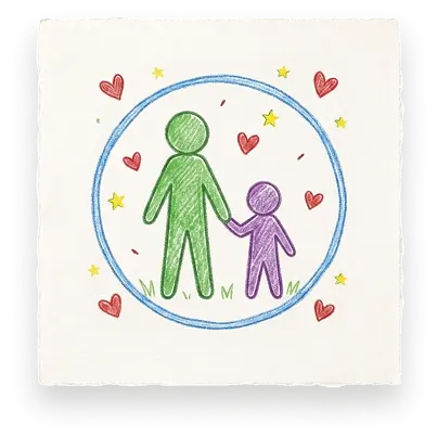 Abuse Counseling & Therapy drawing of an adult and child holding hands inside a protective circle.