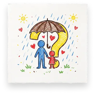 An Abuse Counseling & Therapy drawing depicts an adult and child sheltered from the rain by a protective umbrella.