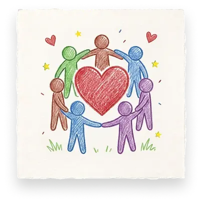 Colorful figures hold hands around a heart, symbolizing community support at Abuse Counseling & Therapy.