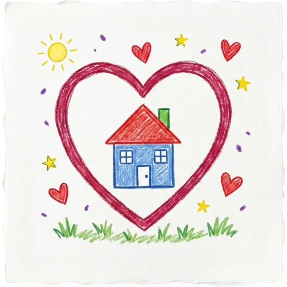A crayon drawing of a house inside a heart, representing Abuse Counseling & Therapy's safe shelter.