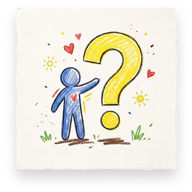 A blue figure with a heart reaches for a yellow question mark in an Abuse Counseling & Therapy drawing.