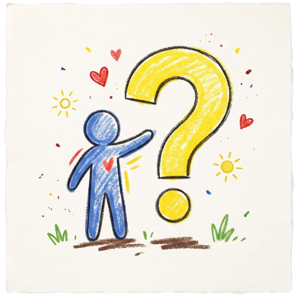 An Abuse Counseling & Therapy illustration of a blue figure with a heart pointing to a yellow question mark.