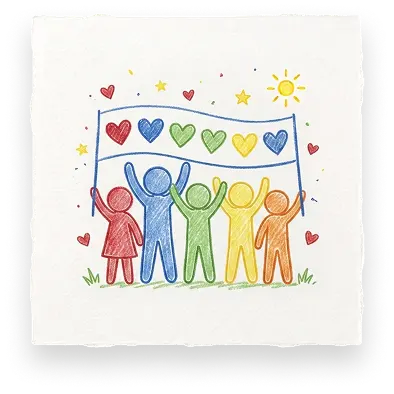 A colorful drawing of diverse figures holding a heart banner, representing Abuse Counseling & Therapy.
