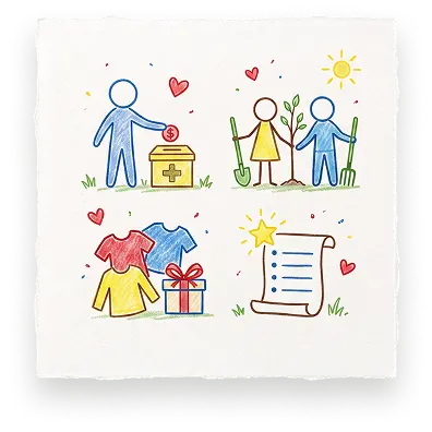 Illustrations of ways to support Abuse Counseling & Therapy: donating, volunteering, and giving items.