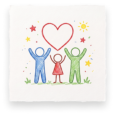 A colorful crayon drawing of a family under a heart, representing Abuse Counseling & Therapy.