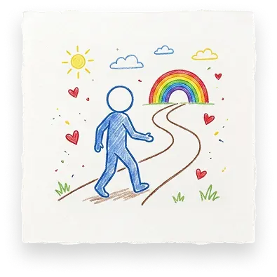 A drawing of a person walking a path toward a rainbow, representing healing with Abuse Counseling & Therapy.