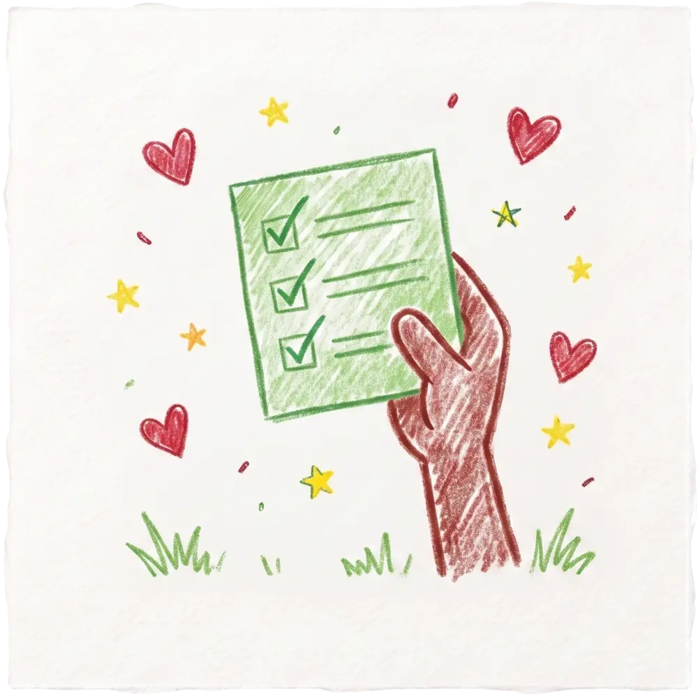 A hand holding a completed checklist surrounded by hearts, representing Abuse Counseling & Therapy services.