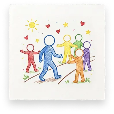 Welcoming stick figures on a path represent the supportive community at Abuse Counseling & Therapy.