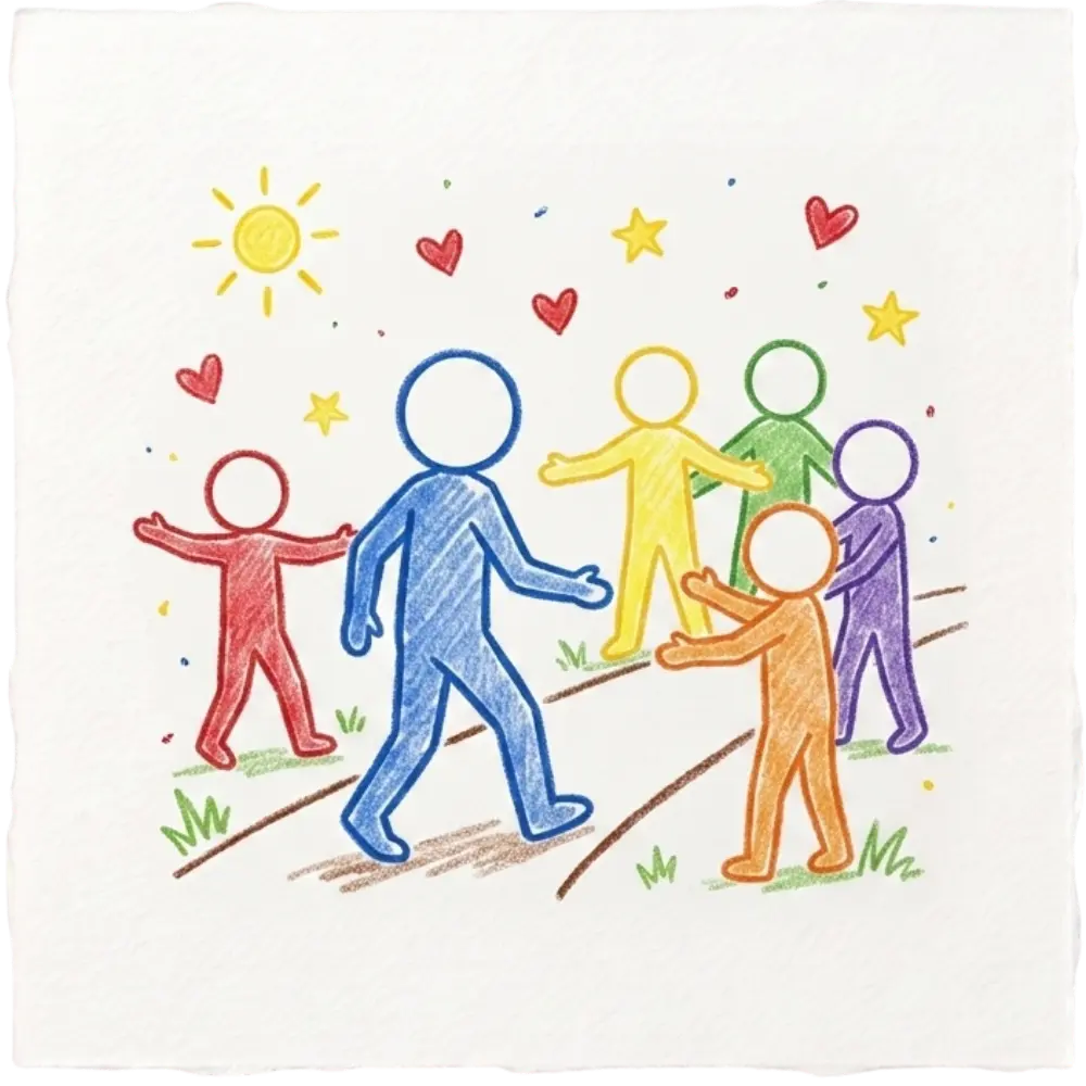 Colorful drawing of figures welcoming a person on a path, representing Abuse Counseling & Therapy's support.