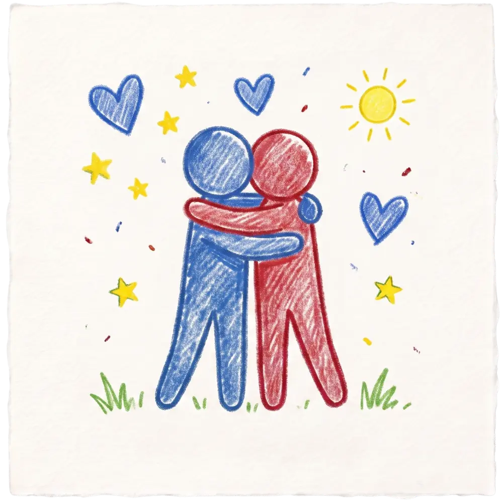 Two figures hug in a crayon drawing, symbolizing the supportive care of Abuse Counseling & Therapy.