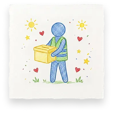 An Abuse Counseling & Therapy volunteer holds a donation box amidst drawn hearts and suns.