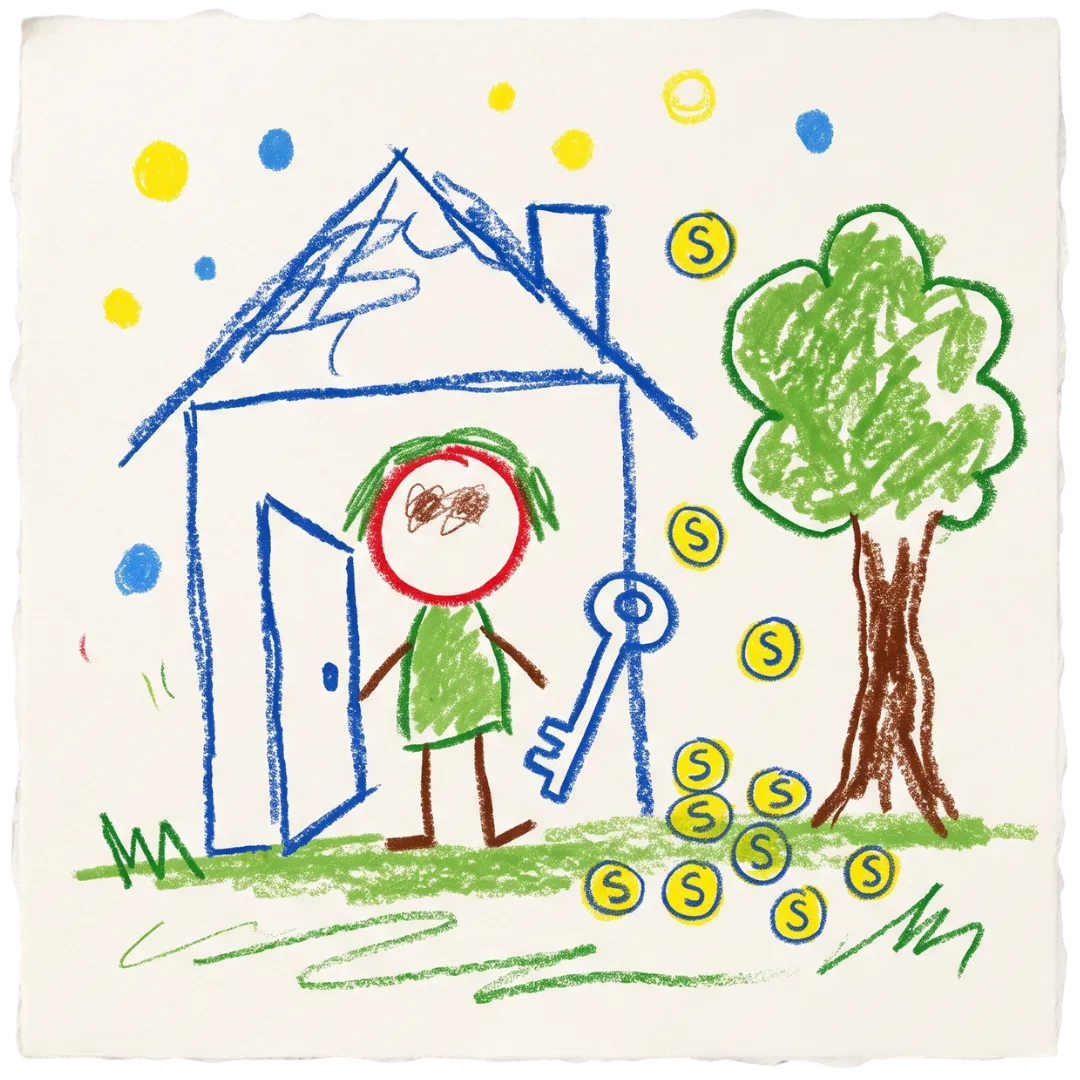 Child's drawing of a person with a key, house, and coins, representing Abuse Counseling & Therapy's support.