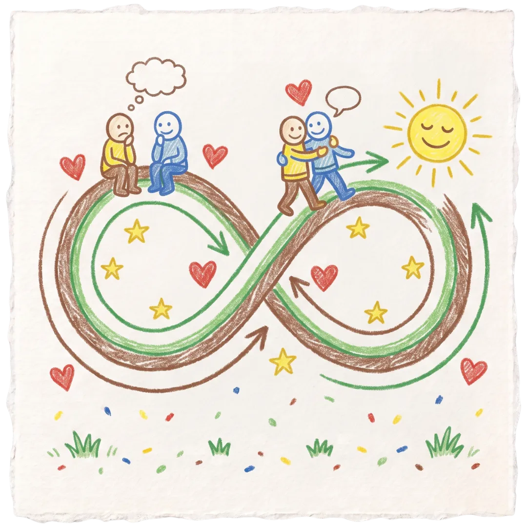 Therapy." (103 chars) is also very active. Let's try: "An infinity loop illustration of two figures journeying from sadness to healing with Abuse Counseling & Therapy.