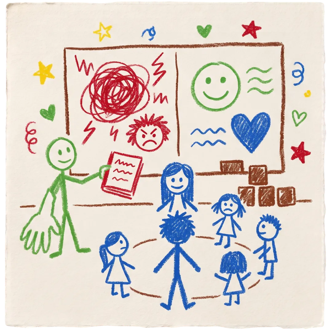 A crayon drawing for Abuse Counseling & Therapy shows children in a circle learning to process their emotions.