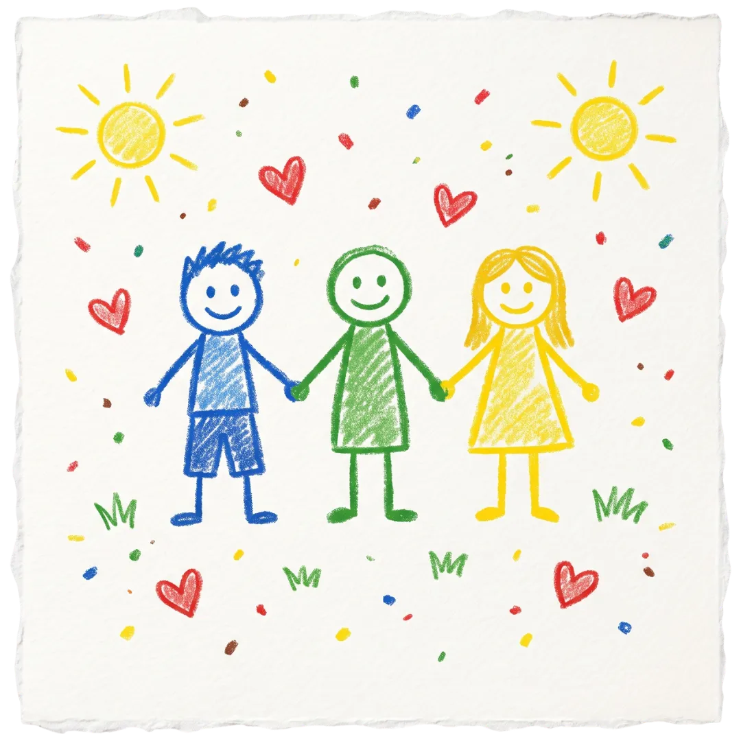 Three happy figures hold hands in a child's crayon drawing for Abuse Counseling & Therapy.