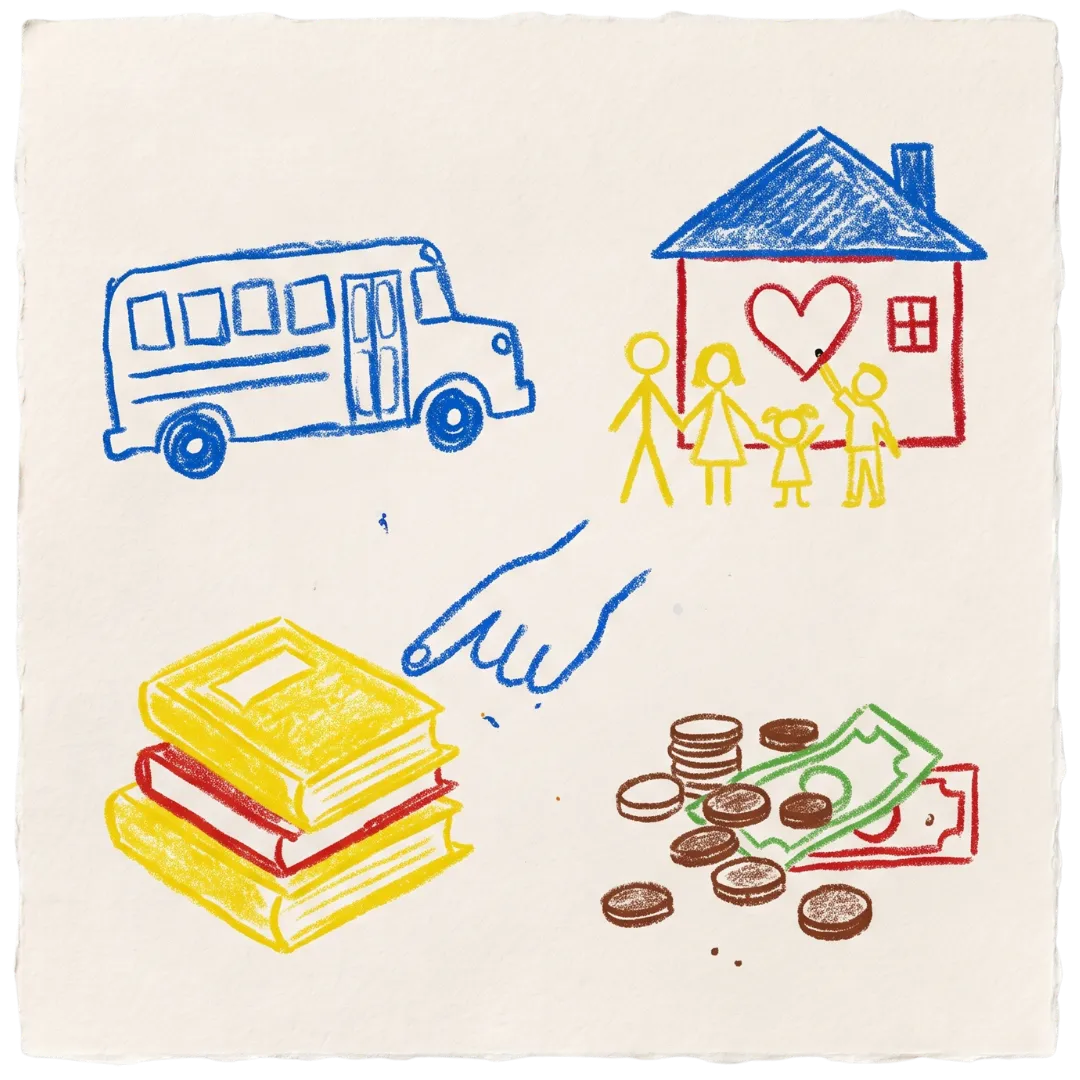 Crayon drawings of a bus, home, books, and money representing Abuse Counseling & Therapy's holistic support.