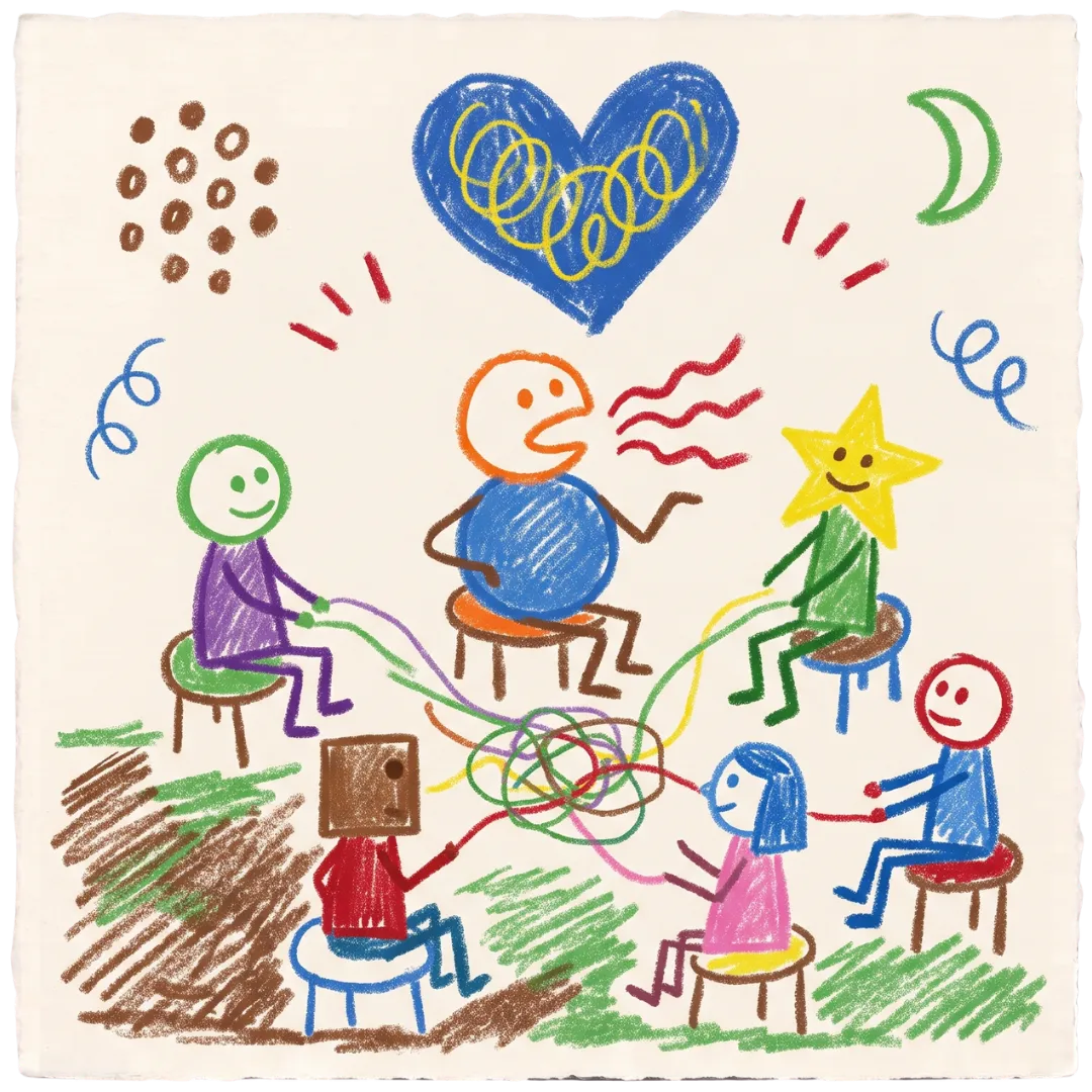 People untangle colorful strings in a crayon-style group therapy session for Abuse Counseling & Therapy.