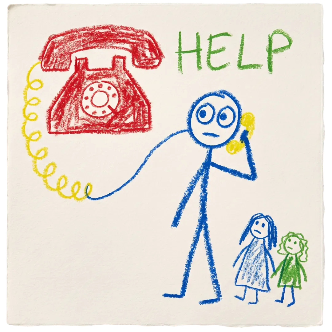 Crayon drawing of a stick figure calling Abuse Counseling & Therapy for help, with two children nearby.