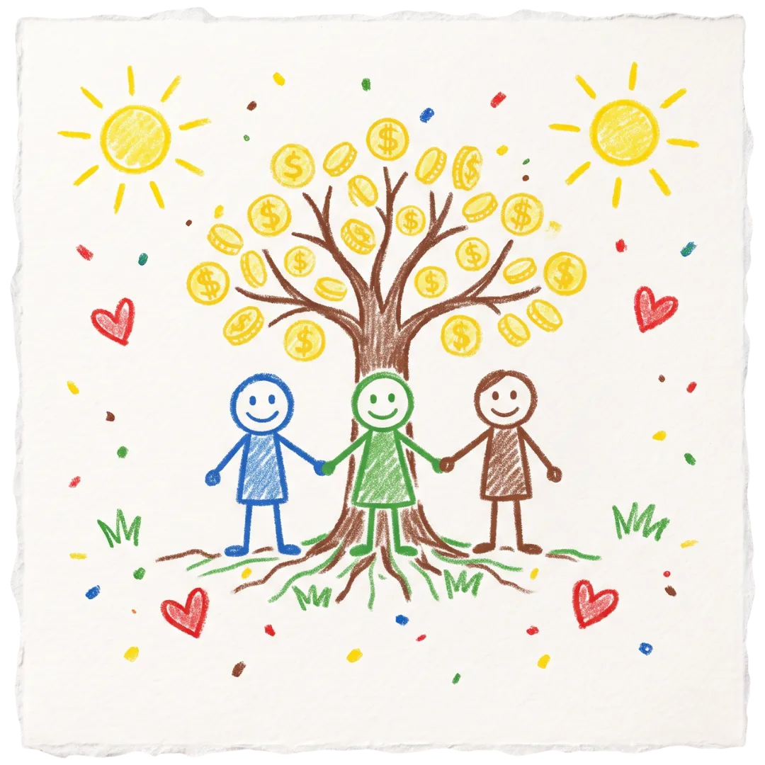 Three people hold hands under a money tree in a colorful drawing for Abuse Counseling & Therapy.