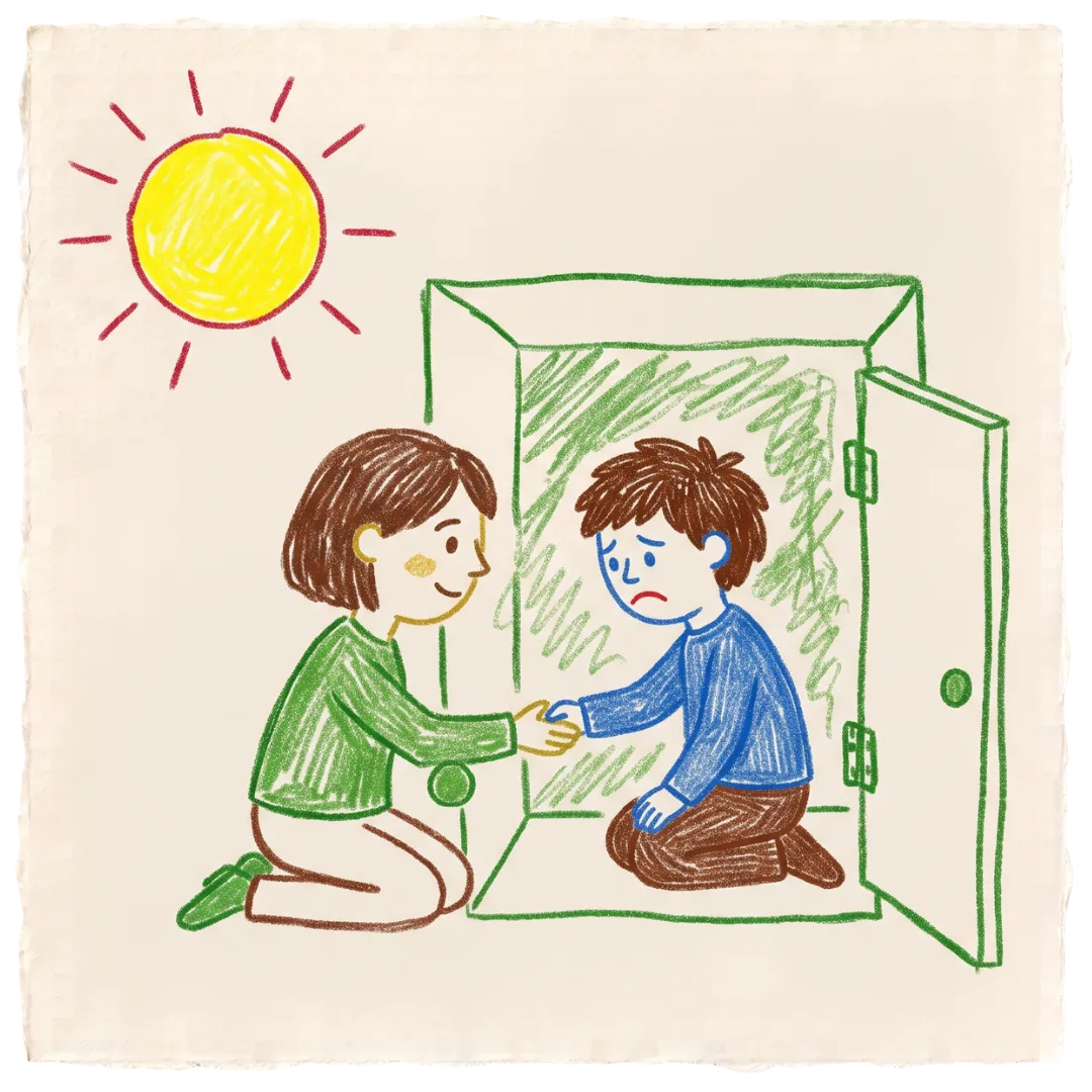Abuse Counseling & Therapy counselor reaches out to guide a sad child out of a dark box and into the sunshine.