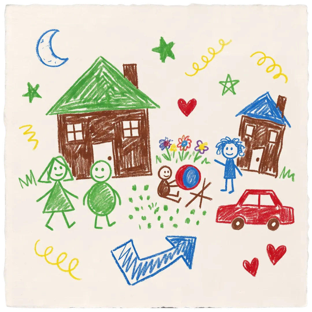 A child's crayon drawing of homes and families, representing hope and healing at Abuse Counseling & Therapy.