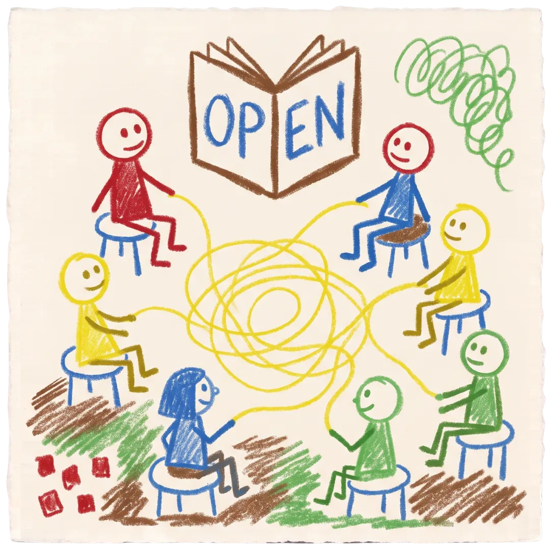 Abuse Counseling & Therapy drawing of a support group connected by a tangled yellow string under an open book.