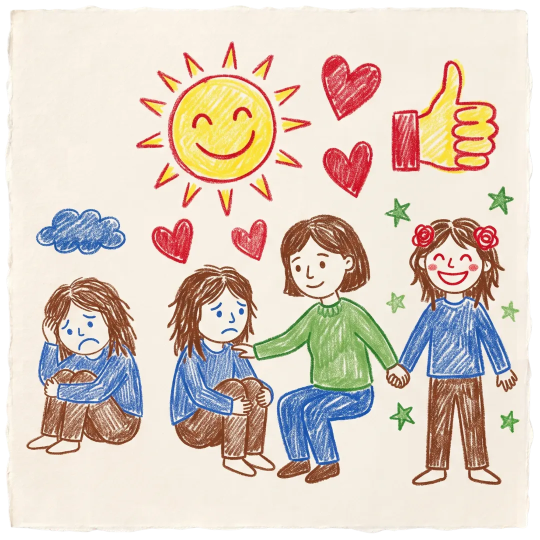 Crayon drawing of a child's healing journey from sadness to joy with Abuse Counseling & Therapy.
