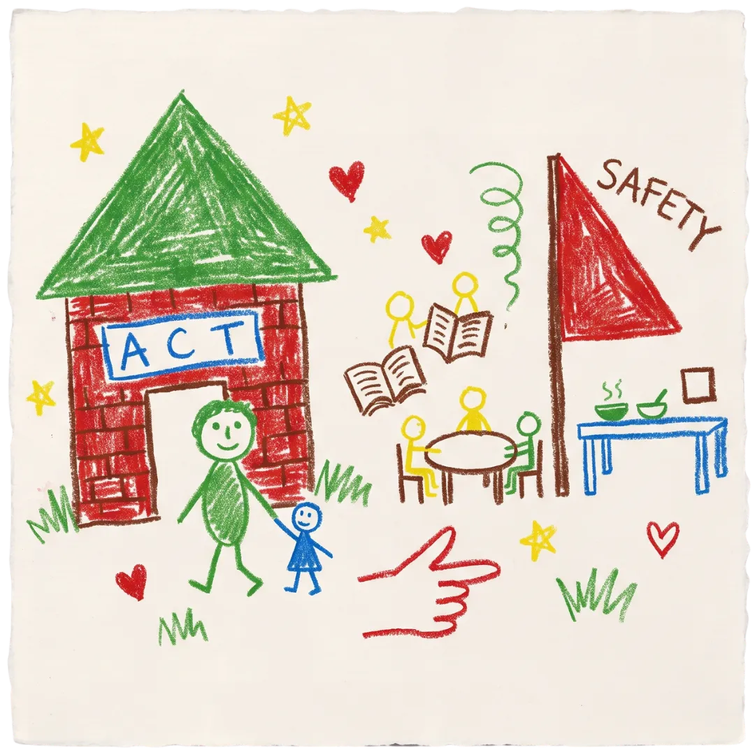 A crayon drawing depicts Abuse Counseling & Therapy (ACT) as a safe, welcoming community.
