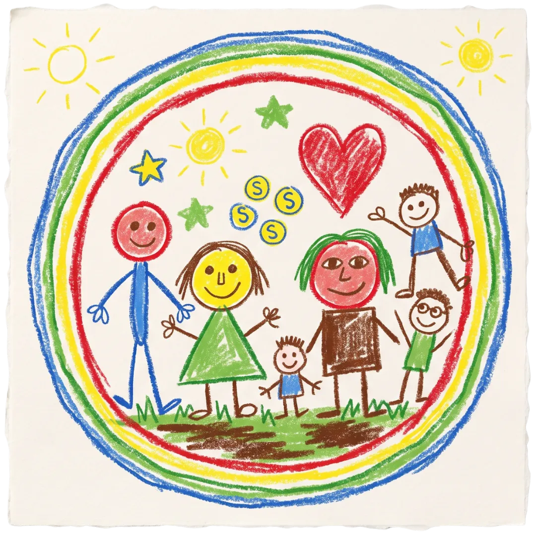 A child's crayon drawing of a happy family inside a rainbow, representing Abuse Counseling & Therapy's care.