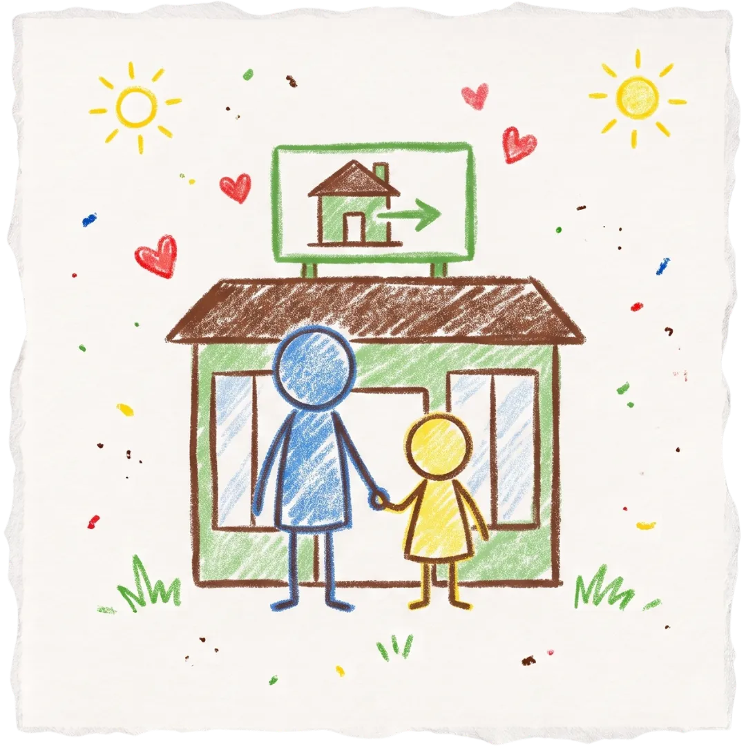 A parent and child hold hands outside an Abuse Counseling & Therapy shelter in a colorful crayon drawing.
