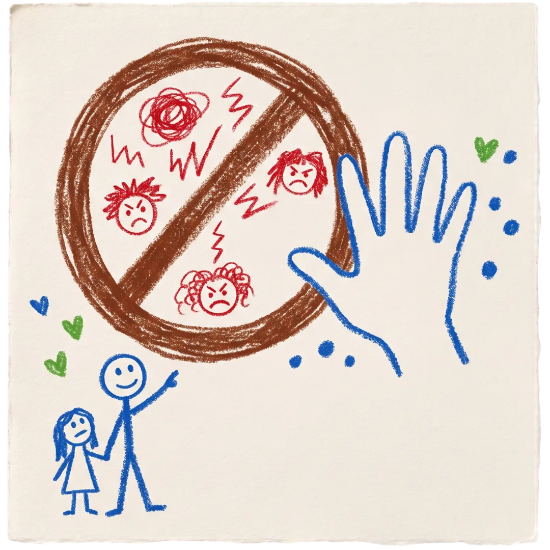 Crayon drawing of a hand stopping abuse next to a family, representing Abuse Counseling & Therapy.