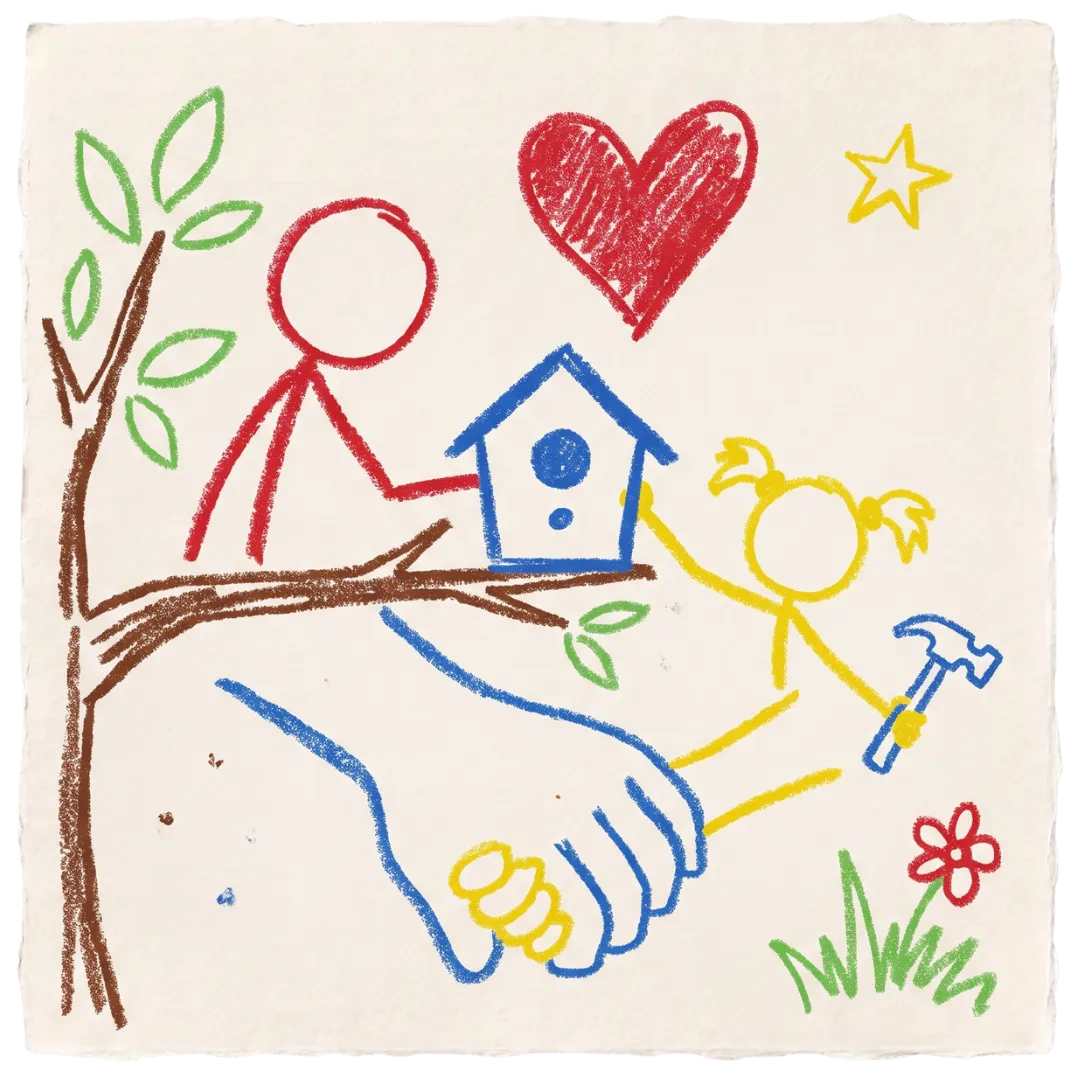 A crayon drawing of stick figures building a birdhouse, representing Abuse Counseling & Therapy's support.