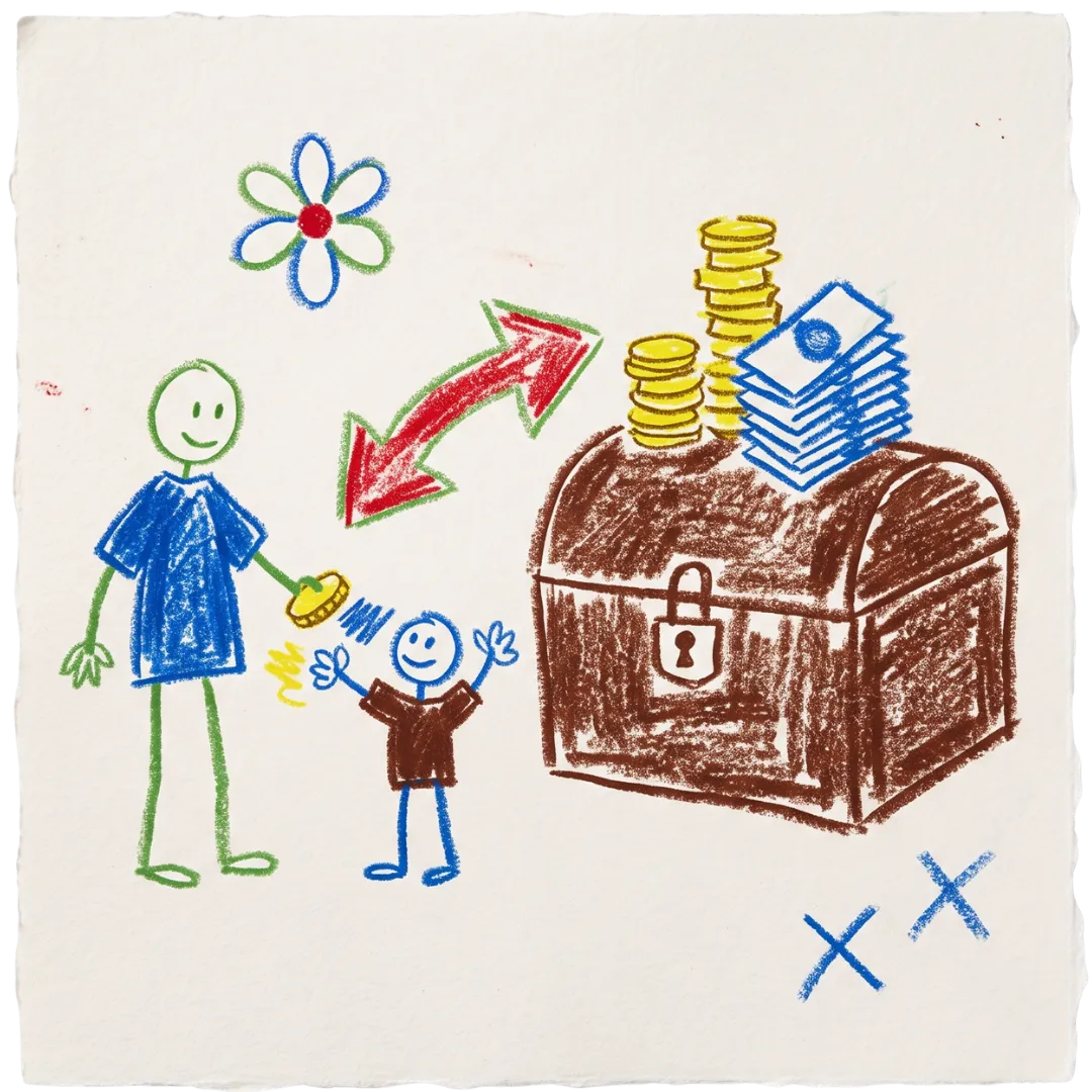 A crayon drawing of a parent, child, and treasure chest represents Abuse Counseling & Therapy's free support.
