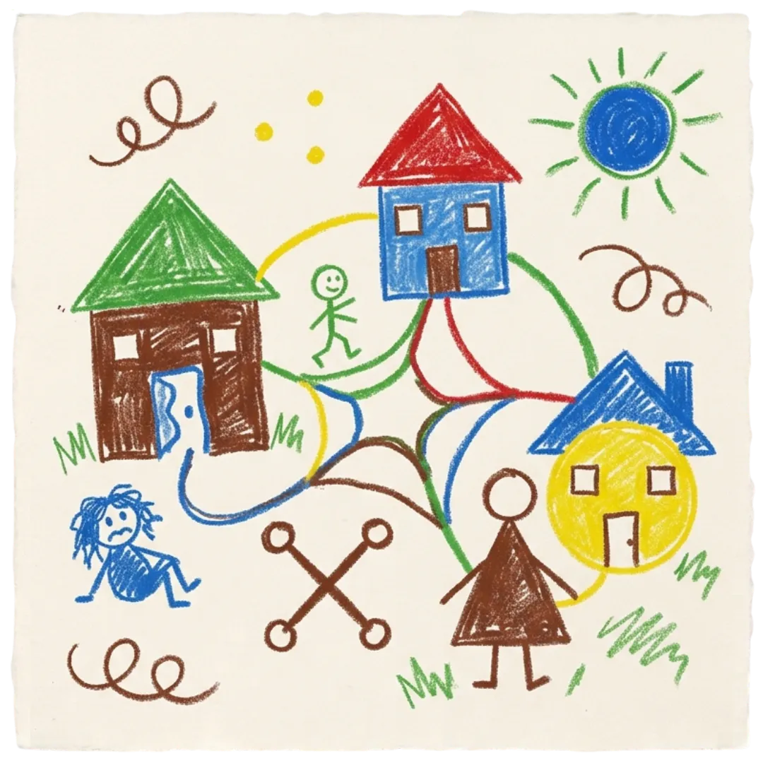 Child's crayon drawing of houses and stick figures, representing healing at Abuse Counseling & Therapy.