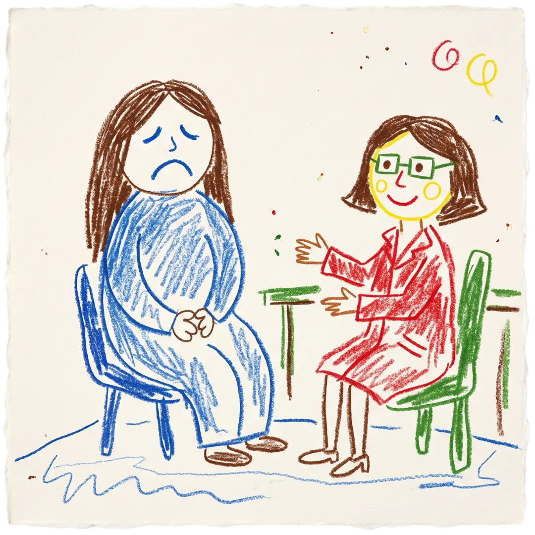 A crayon illustration of a sad woman receiving care from an Abuse Counseling & Therapy counselor.