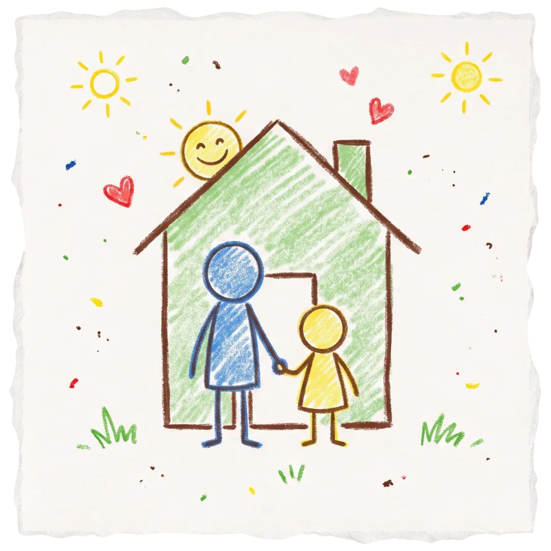 A crayon drawing of a family holding hands by a house, representing Abuse Counseling & Therapy's safe support.