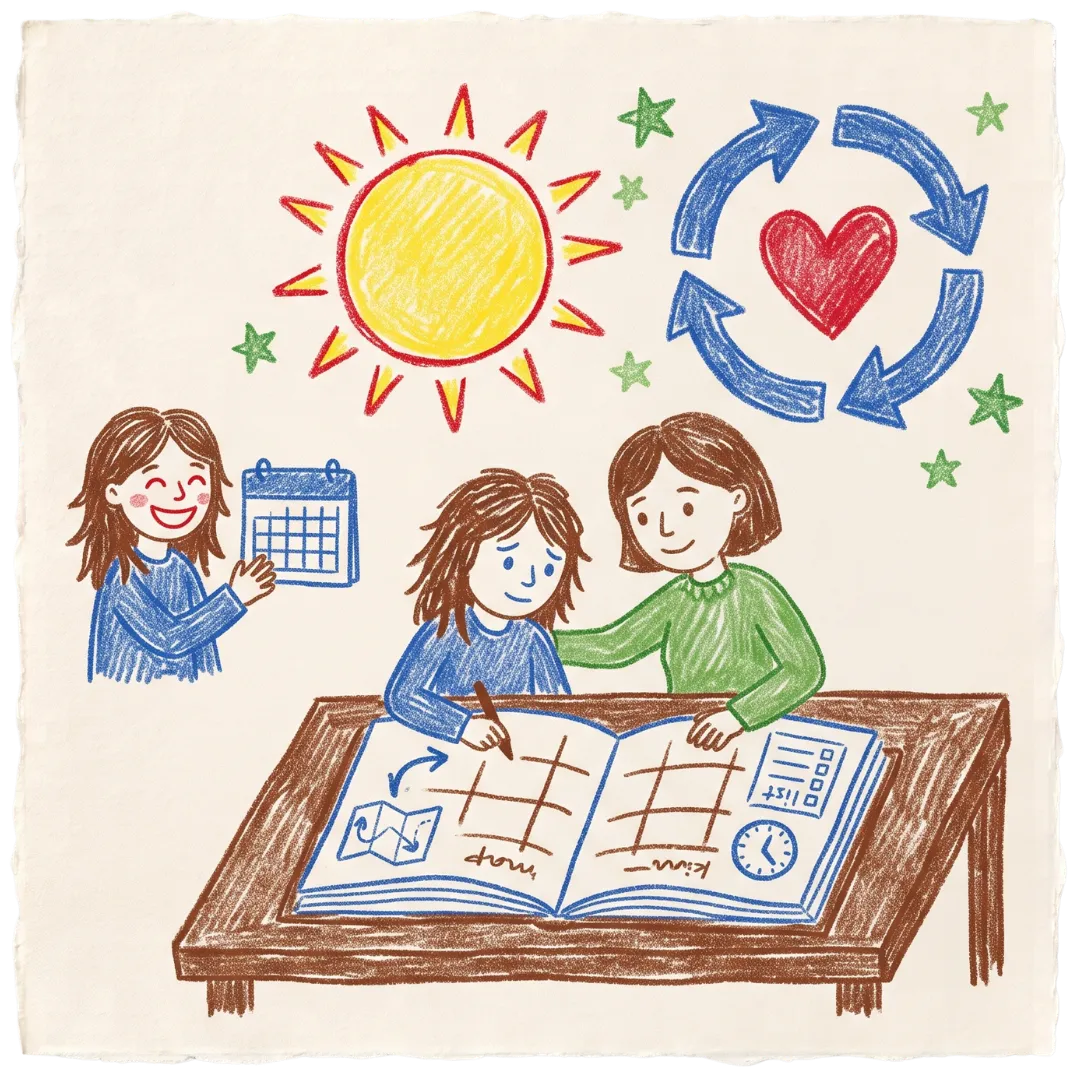 Crayon drawing of a counselor comforting a child, representing Abuse Counseling & Therapy's healing care.