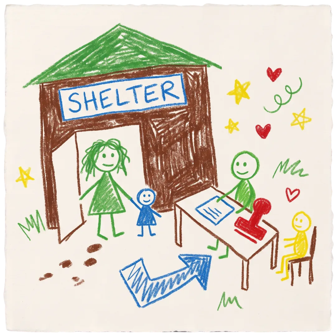 A crayon drawing shows a mother and child entering a shelter for Abuse Counseling & Therapy.