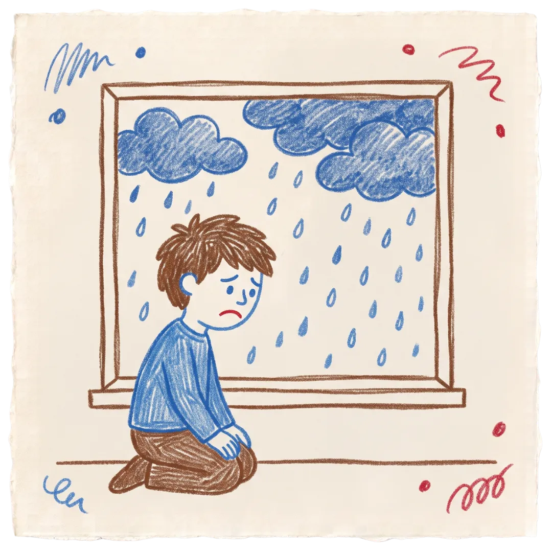 An illustration of a sad child kneeling by a rainy window, created for Abuse Counseling & Therapy.