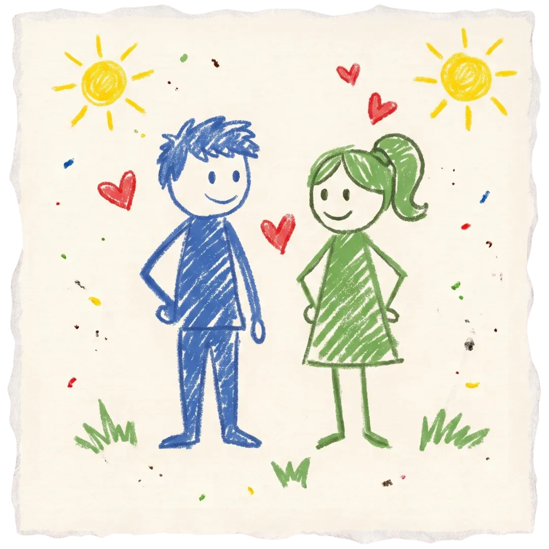 A crayon drawing of a happy boy and girl represents healing at Abuse Counseling & Therapy.