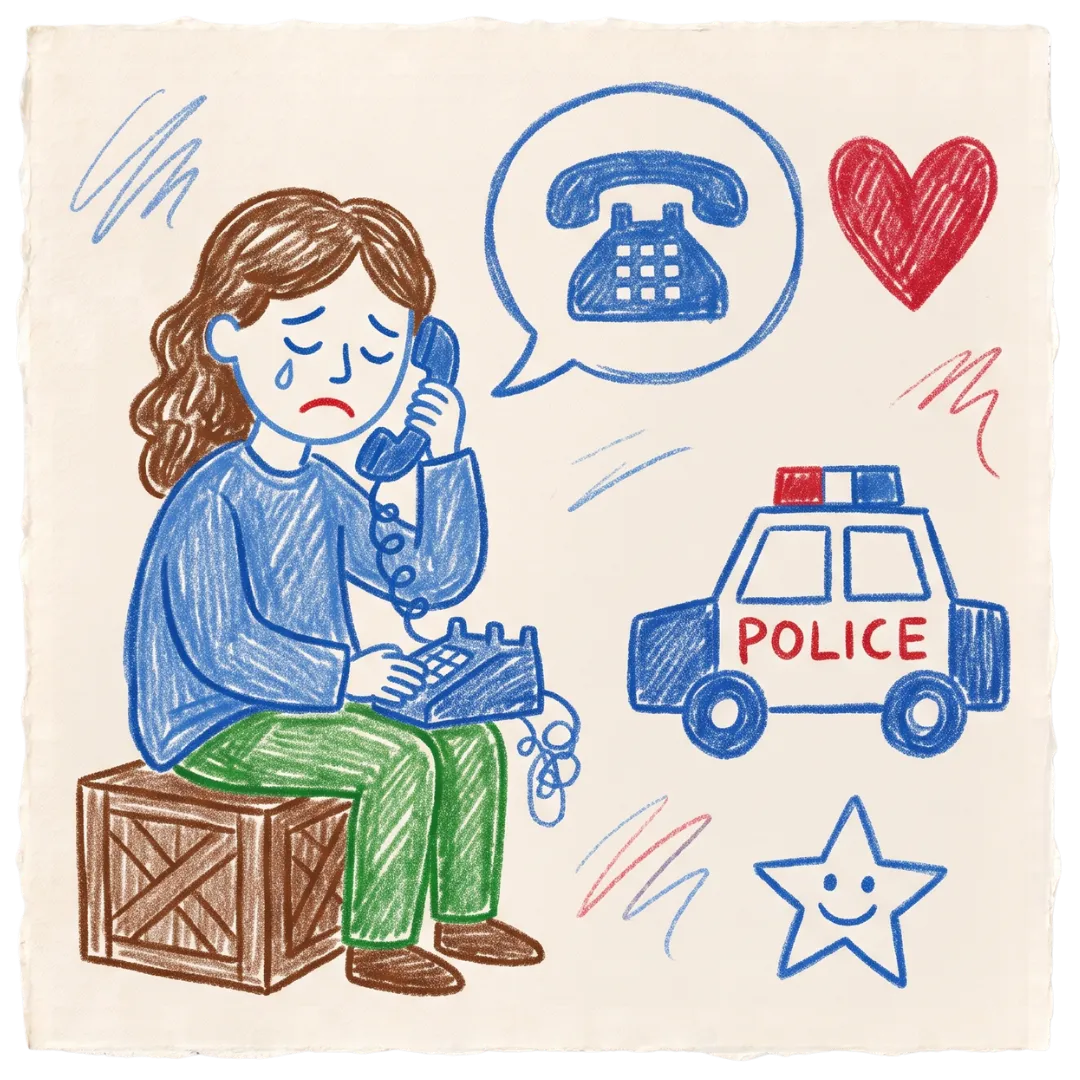 A crying girl calls Abuse Counseling & Therapy for support, next to drawings of a police car, heart, and star.